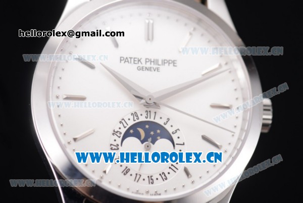 Patek Philippe Complications Miyota 9015 Automatic Steel Case with White Dial Stick Markers and Black Leather Strap - Click Image to Close